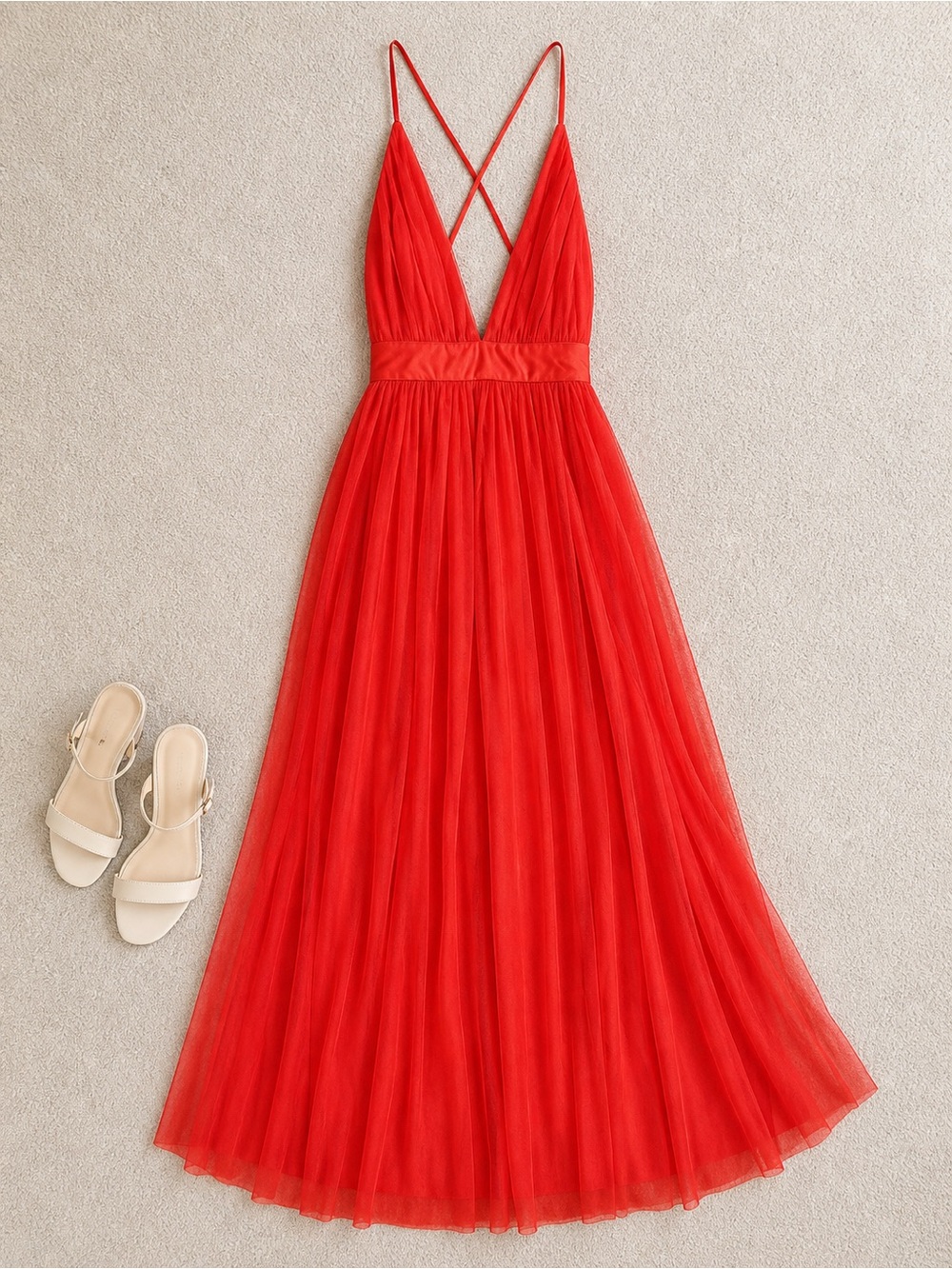 Windsor Red Crisscross V-Neck Tulle Maxi Dress‎